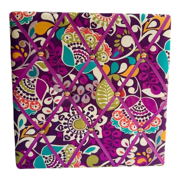 Vera Bradley Ribbon BOARD 18x18 Plum Crazy Photo Note Memo Picture Holder Button - Picture 1 of 8